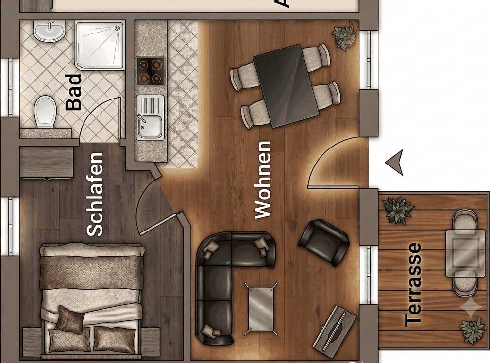 Grundriss der Ferienwohnung mit Schlafzimmer, Bad, Wohn-/Essbereich und zwei Terrassen